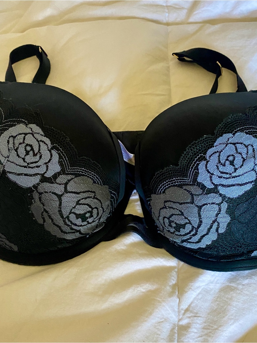 Cacique Black Push-Up Bra with Gray Rose Lace